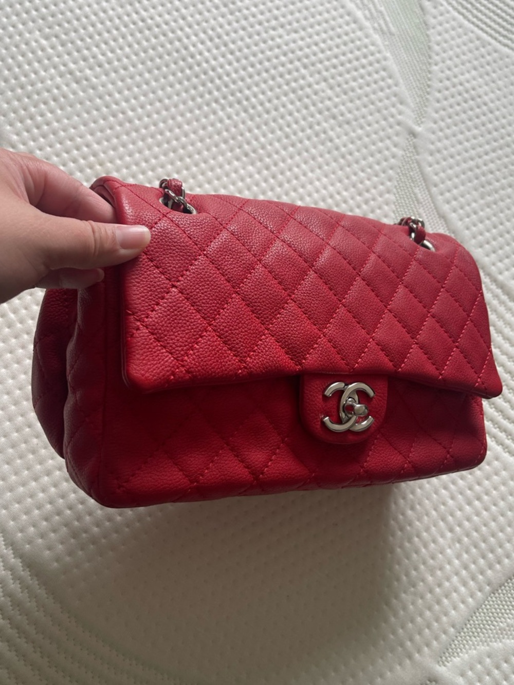 CHANEL Red Quilted Leather Shoulder Bag with Silver Chain